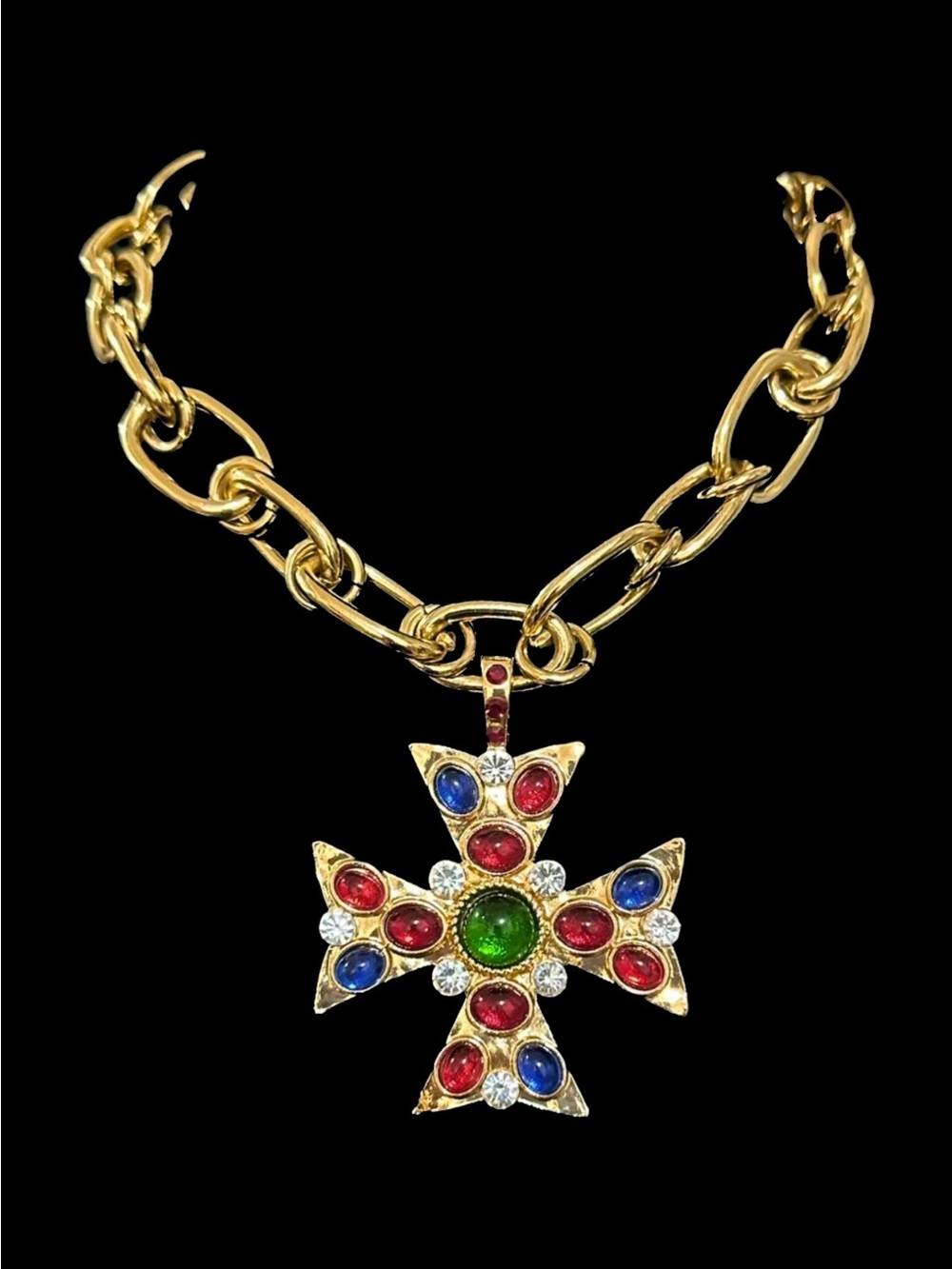 Gold-Tone Multicolor Gem Cross Pendant Necklace